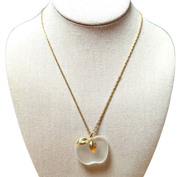 Vintage Gold Tone Avon Clear Frosted Glass Apple Pendant 28" Necklace - Picture 1 of 6